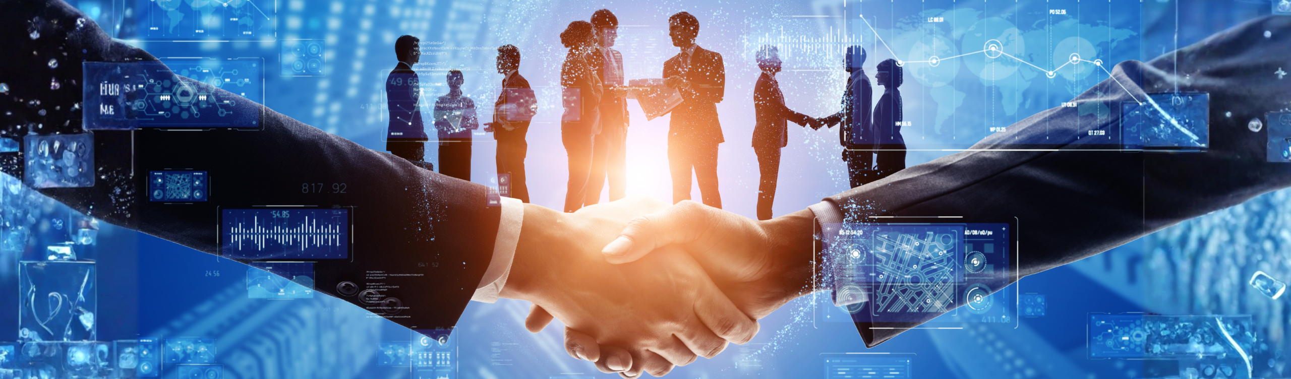 お打ち合わせをしているビジネスマン達を背景に握手している