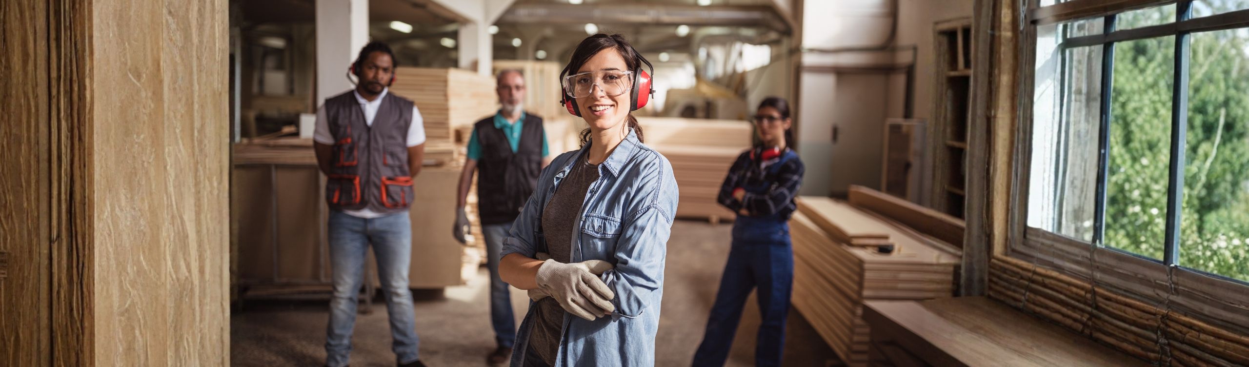 Tischlerin trägt Schutzbrille und Ohrenschutz, steht in der Tischlerei und lächelt in die Kamera. Hinter ihr stehen drei Personen aus ihrem Team.
