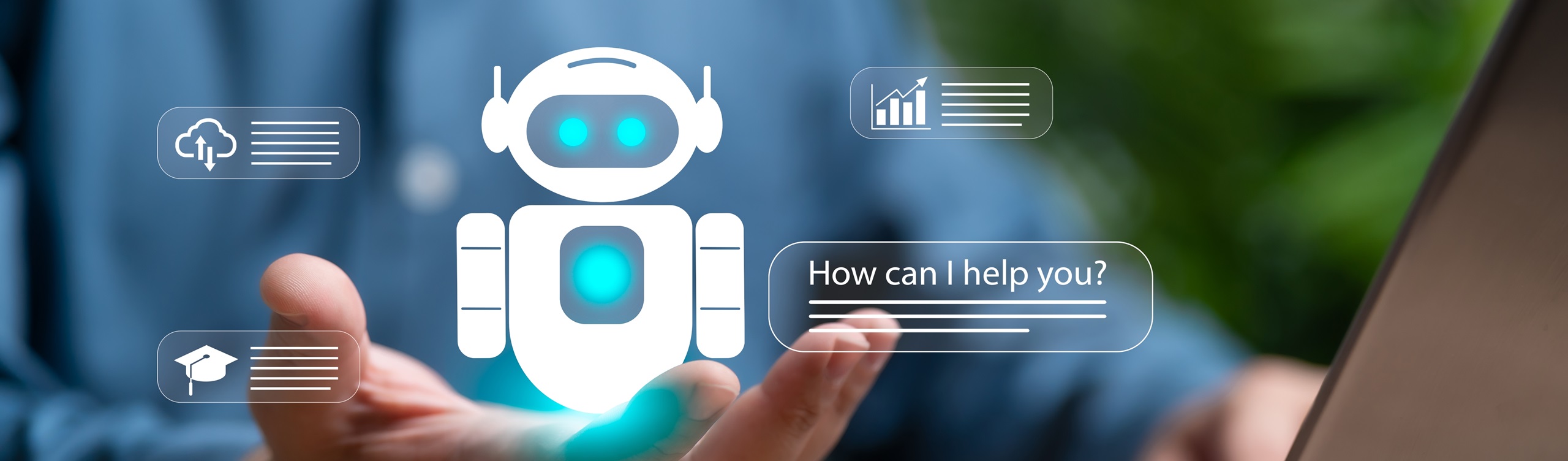 Ein KI-Assistent als Roboter-Symbol fragt "Wie kann ich helfen?". Daneben Icons für Bildung und Analyse.