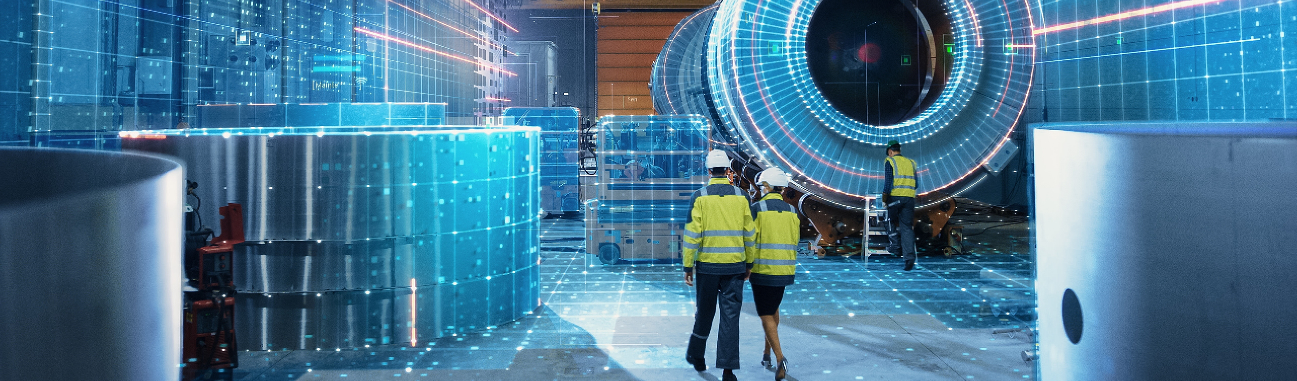 Ingenieurinnen und Ingenieure in einer Industrieanlage mit digital visualisierten Produktionsdaten – Symbolbild für den sicheren und regelkonformen Einsatz von Künstlicher Intelligenz in überwachungsbedürftigen Anlagen