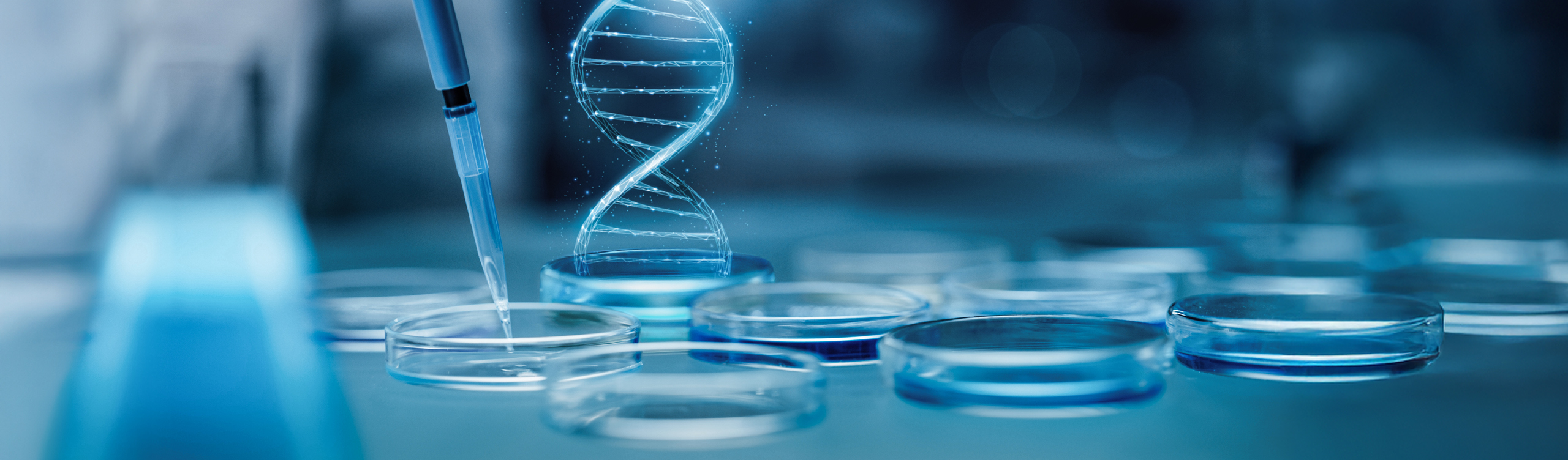 Laboratory scene with a DNA strand, a pipette and glass laboratory dishes against a blue background, representing precision, safety and analytical testing.